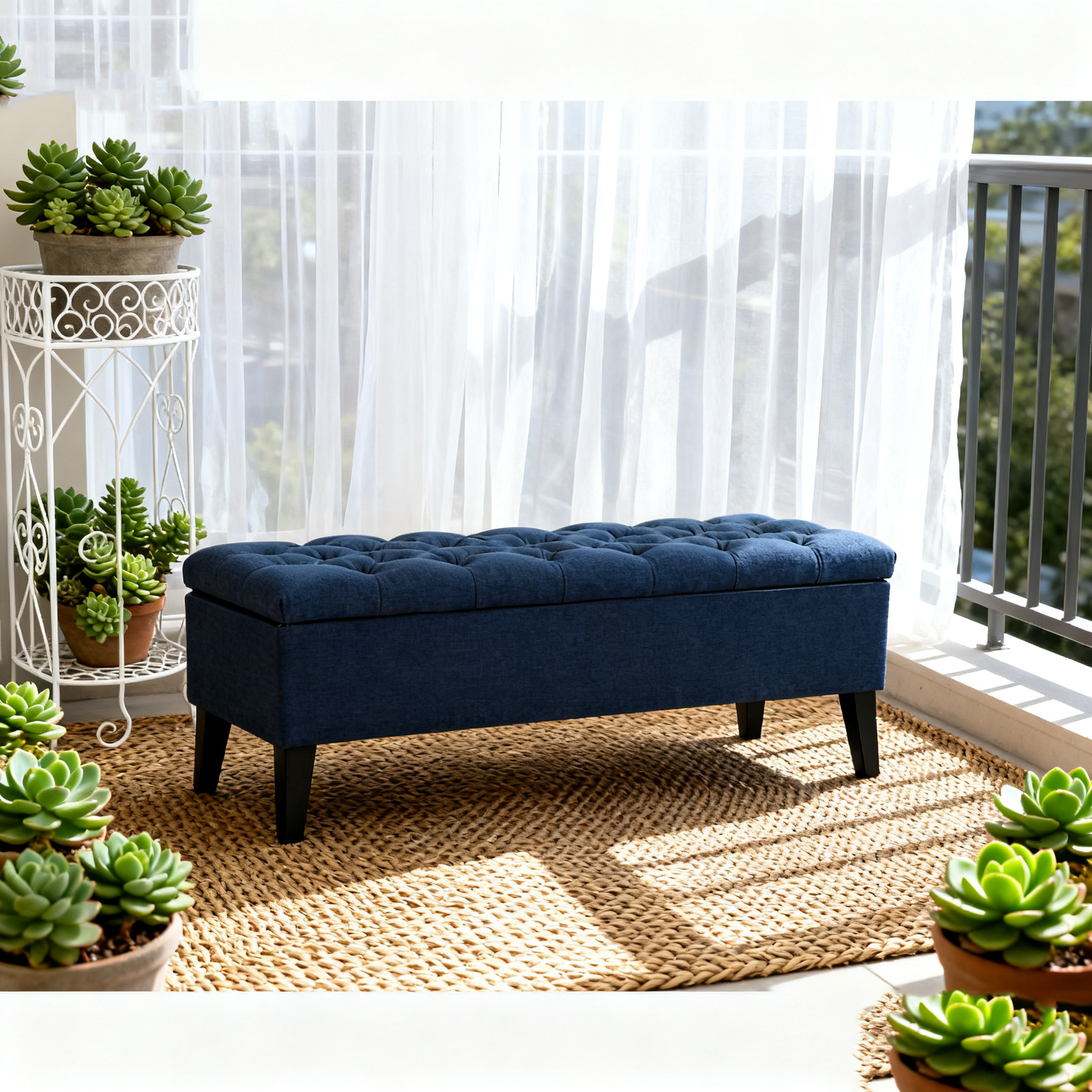 JERFIT Navy Blue Fabric Storage Ottoman Bench with Tufted Lid for Living Room
