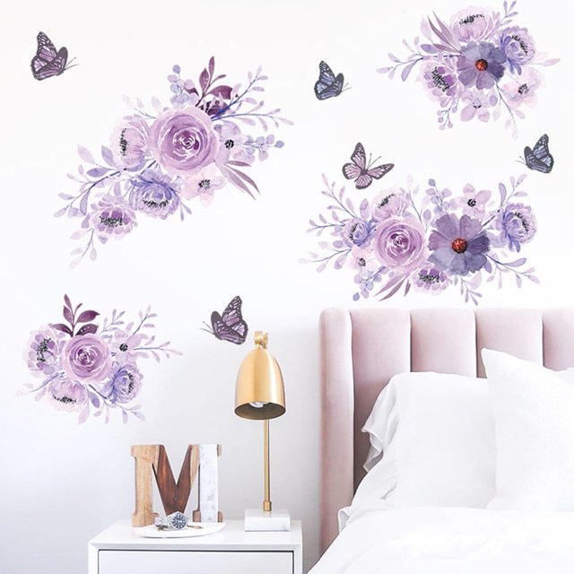 Pegatinas de pared autoadhesivas con diseño de mariposa y flor morada para decoración del hogar, el baño y la oficina.