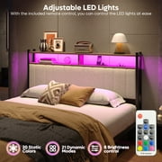 Pinmoco Headboard for Queen Size Bed with Storage, Linen Upholstered Headboard with LED & USB Charging, Beige, Headboard Only(Bed Frame Not Included)