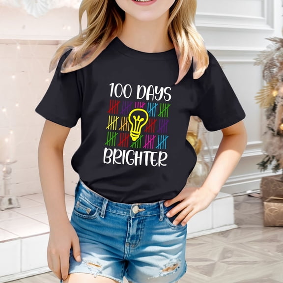 School Uniform Tshirts Children Letter Print Crewneck T Shirt Short Sleeve Unisex Boys T Shirts Black 3-4 Years