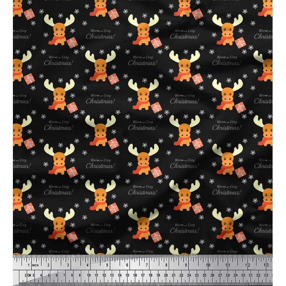 Soimoi Black polyester Crepe Fabric Animal,Gift Box & Warm And Cozy Christmas Text Decor Fabric Printed Yard 42 Inch Wide