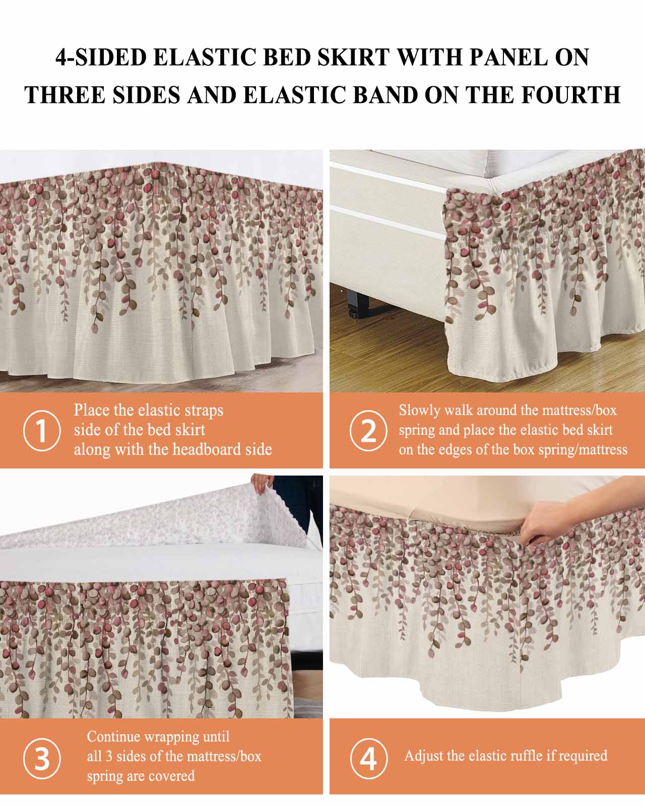 Eucalyptus Leaf Bed Skirt Queen Size 18 Inch Drop, Country Red Leaves Flora Plant Linen Texture Adjustable Elastic Dust Ruffles Bedskirt for Queen Bed Wrap Around Pleated Mattress Frame Cover