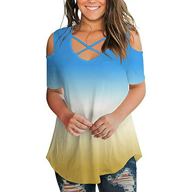 Pompotops T-Shirts à Manches Courtes Col en V Épaules Dénudées pour Femmes Hauts Décontractés Croisés