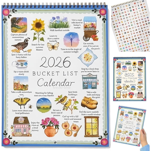 2026 Bucket List Calendar - Interactive Wall Calendar with Stickers & Guided Planner, Inspirational Goal-Setting Hanging Wall Calendar with Monthly Activities, Slow down & Savor the Seasons