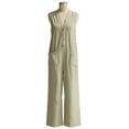 thumbnail image 4 of Women's Casual Solid Color Linen Sleeveless Jumpsuit Romper Overalls, Relaxed Fit Flowy Breathable Lightweight, Lounge Wear Vacation Travel Essentials for Women | Aestivo,Khaki L, 4 of 5