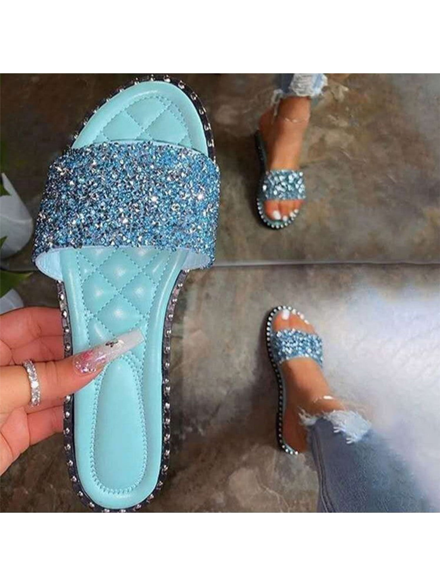 YIFANG Womens Glitter Bling Flip Flops Ladies Crystal Sliders Low Wedge Sparkle Sandals Slippers Mules Slip On Shoes 
