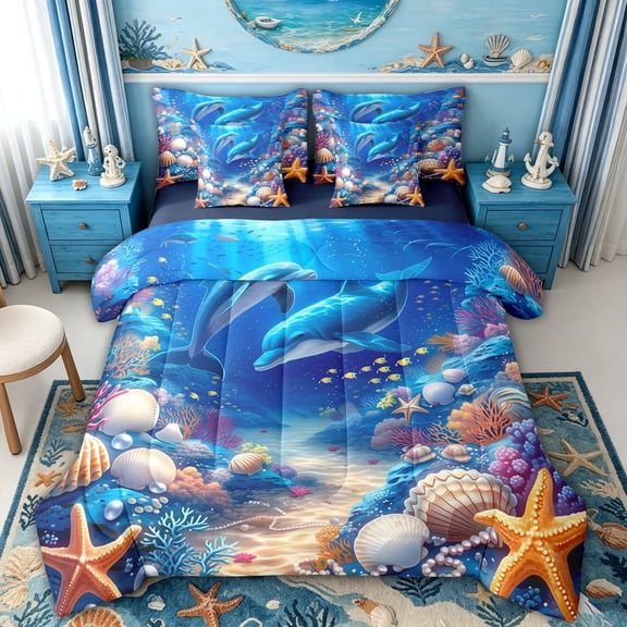spefrowx Cartoon Underwater Dolphin Twin Bedding, Blue Coral Seashell Starfish Bedding Comforter Set, Navy Reversible, 7 Pieces