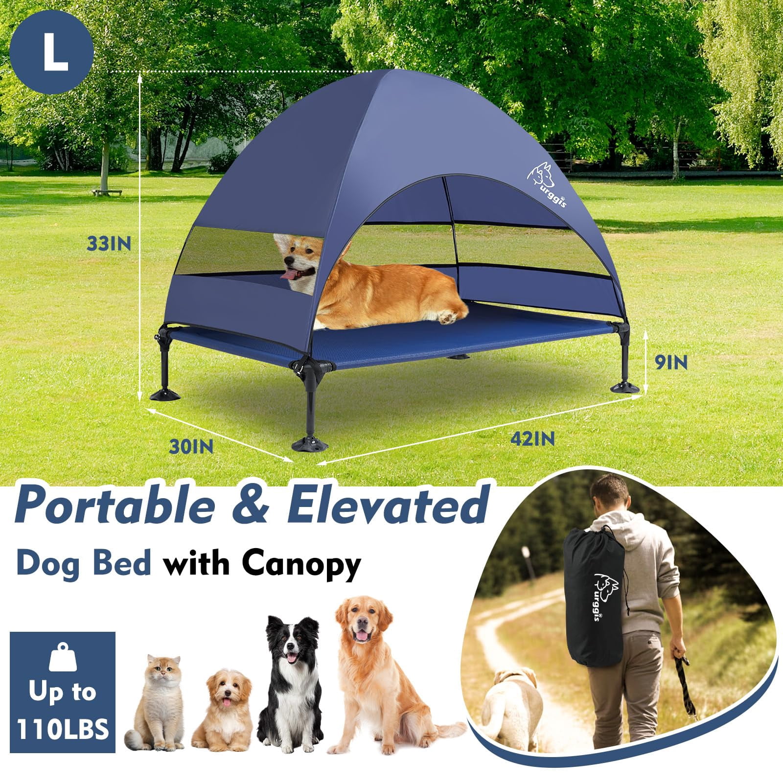Furggis Elevated Dog Bed with Canopy, Portable Raised Outdoor Dog Bed with Stable Anti-Slip Feet, Blue