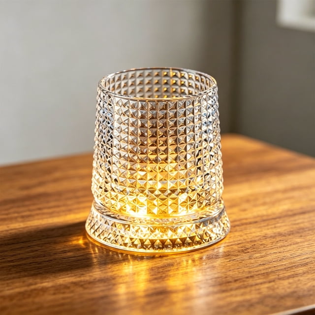 Vaso de whisky giratorio con iluminación LED ambiental Cristal giratorio de 360 grados Vaso vintage acanalado para bourbon Scotch y barra casera