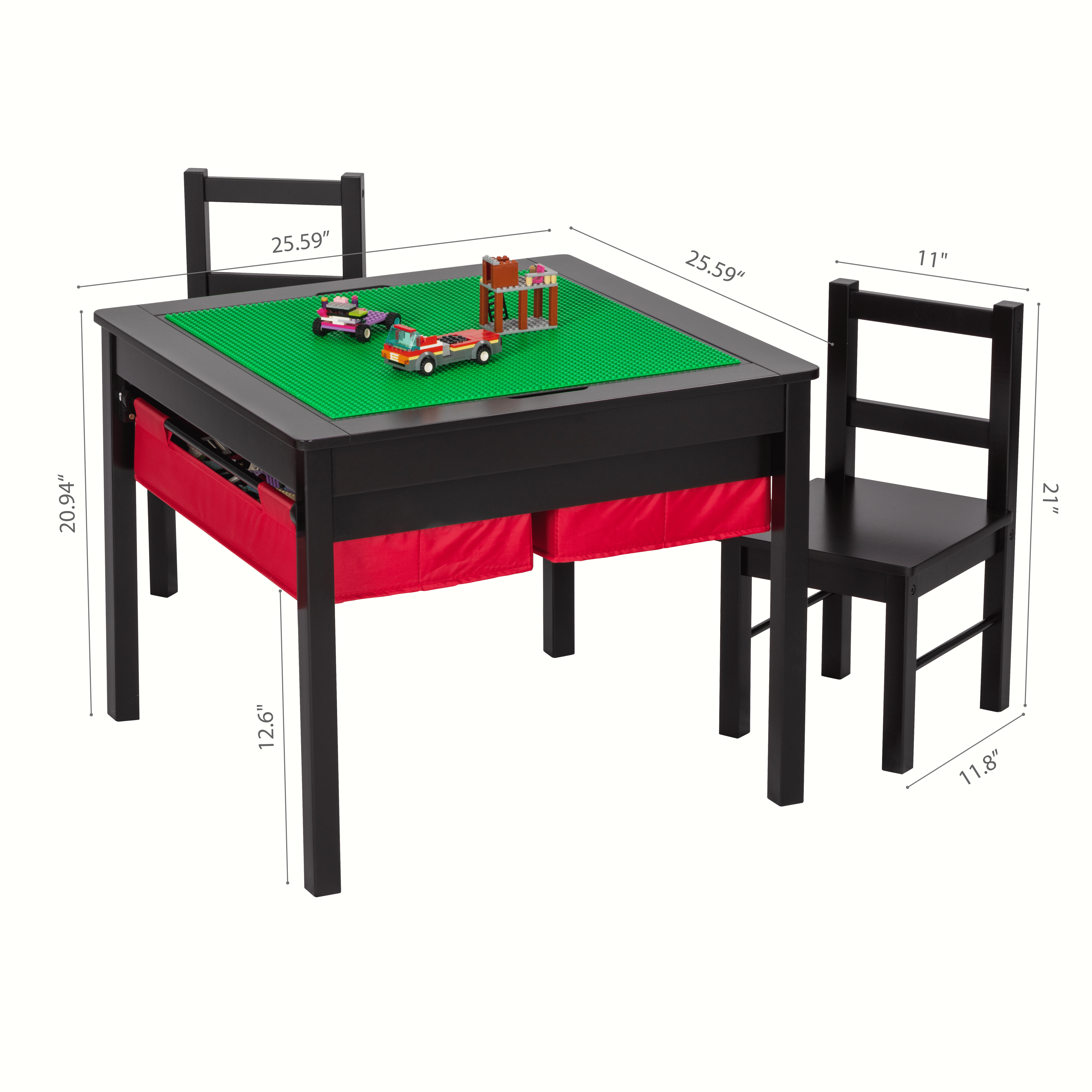 STAROUS Wooden 2 In 1 Kids Construction Play Table and 2 Chairs set with Storage Drawers and Built In Broad, Espresso with Red Drawers