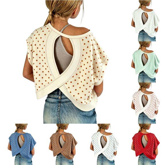 XAOFW Girls Off Shoulder T Shirt Batwing Sleeve Polka Dot Print Tees Toddler Kids Summer Fashion Crop Top 16-18 Years