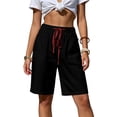 thumbnail image 4 of Cagogo Women Plus Size Bermuda Shorts Elastic Waist Casual Loose Shorts with Pockets Summer Drawstring Wide Leg Cropped Pants Lounge Beach Travel Trousers, Black M, 4 of 7