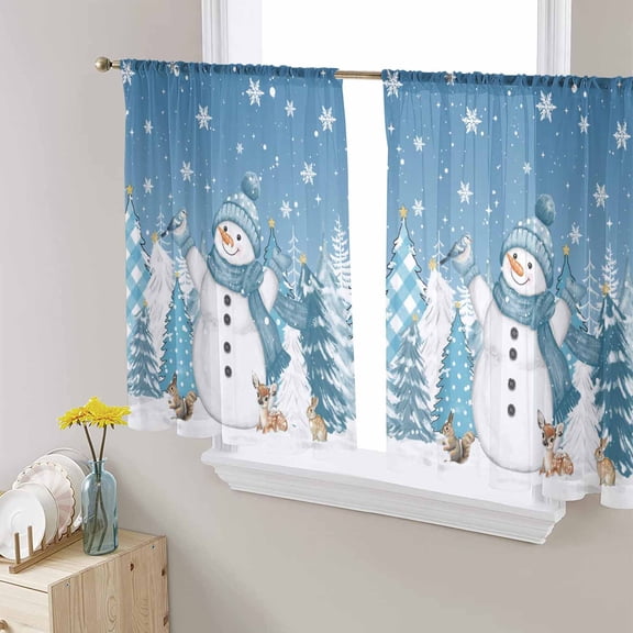 Blue Snowman Christmas Sheer Curtains 45 Inches Long, Xmas Snowflake Tree Light Filtering Window Curtains for Living Room/Bedroom, Rod Pocket Voile Sheer Curtain Drapes, 52"W x 45"L, 2 Panels