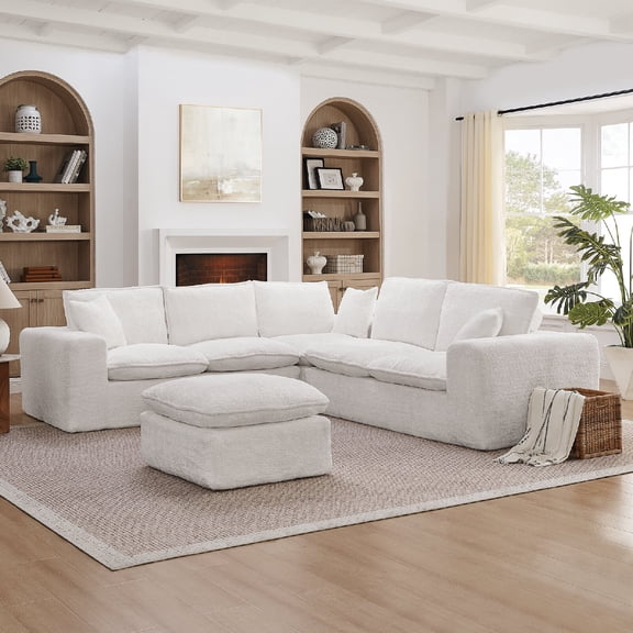 107'' Modern Boucle Comfy Cloud Sofa Couch with Moveable Ottoman, 6-Seat Chenille Deep Seat L-shaped Sectional Sofa Couch with Pillows for Living Room,DIY Combination,No Assembly Required, Beige