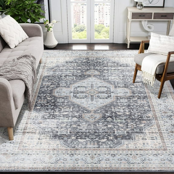 Garvee 8'x10' Vintage Floral Print Rug Machine Washable Area Rug Persian Distressed Rug with Non-Slip Backing for Dining Room Home Office, Black Gray