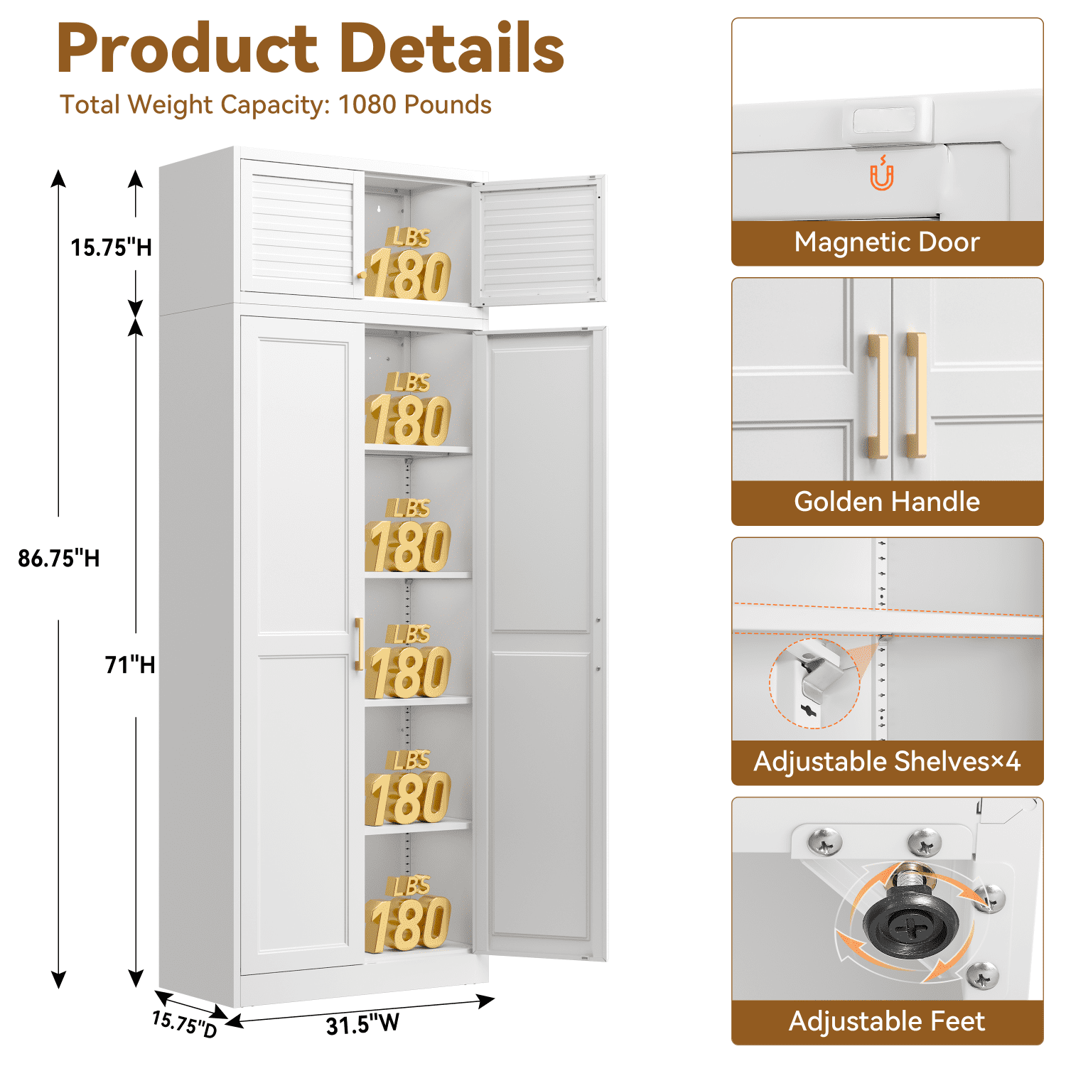 Polup 86" Height Modern Metal Pantry Storage Cabinet with Doors and Adjustable Shelves White for Living Room Kitchen and Home