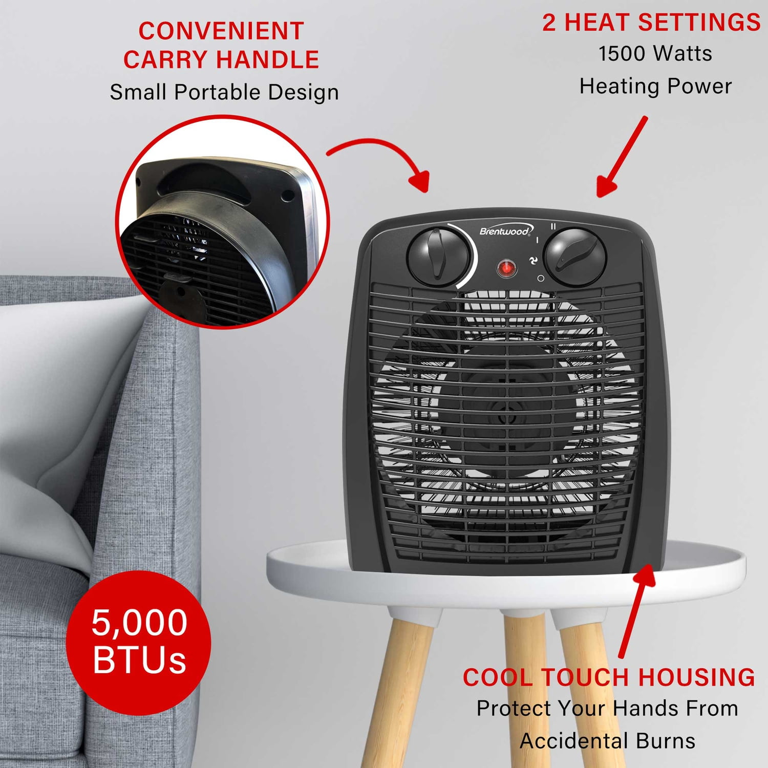Brentwood 1,500-Watt-Max Portable Electric Space Heater and Fan, Black, H-F305BK