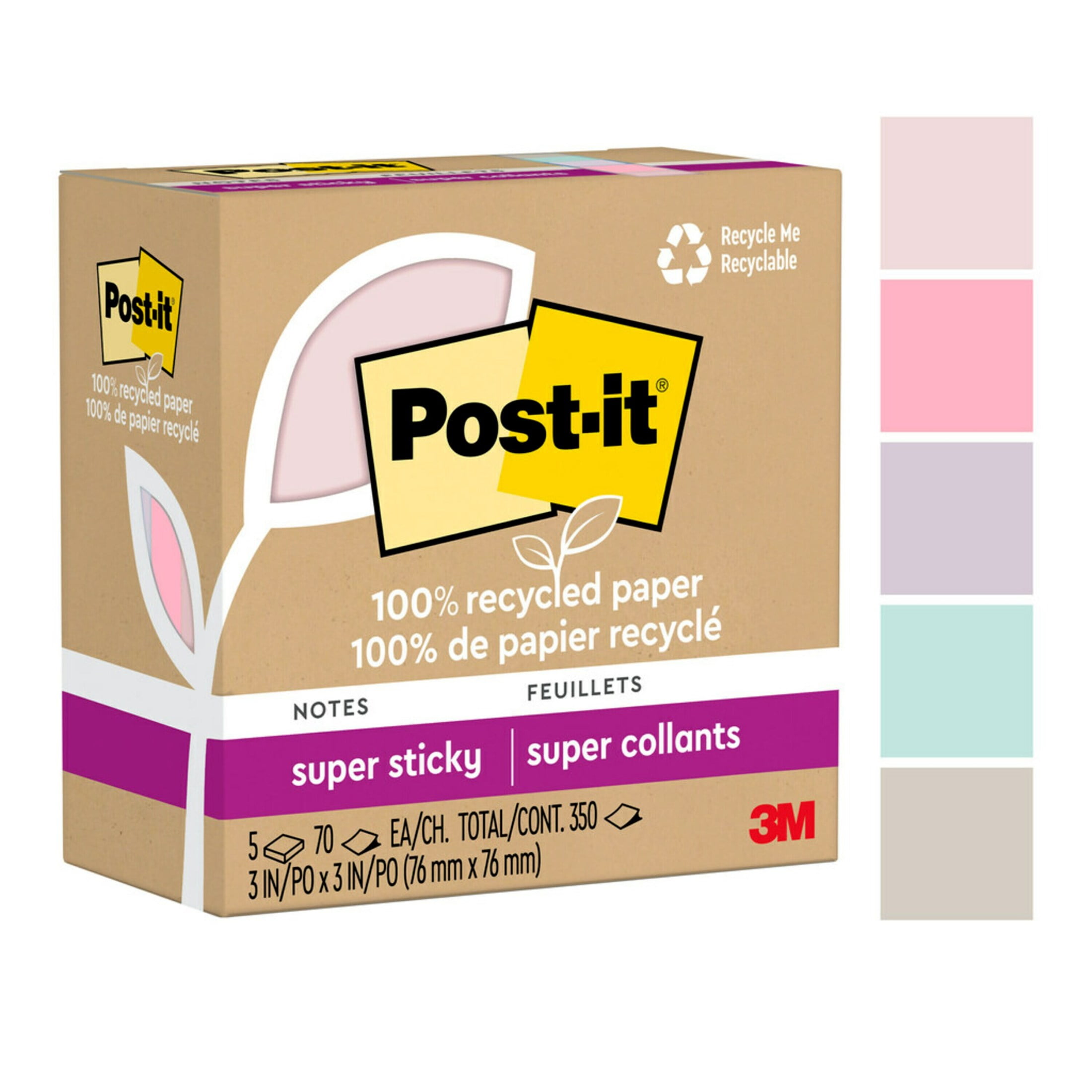(2 pack) Post-it Recycled Super Sticky Notes Made with 100% Recycled Paper, 3 in x 3 in, Wanderlust Pastels, 5 Pads