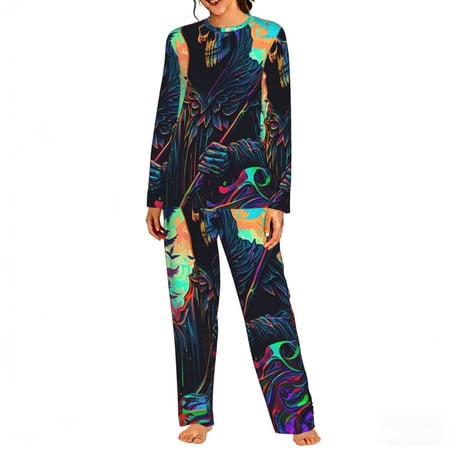 Womens Lounge Sets 2 Piece Pajamas Outfits Long Sleeve Casual Sweatsuits Grim Reaper Dark Psychedelic Death