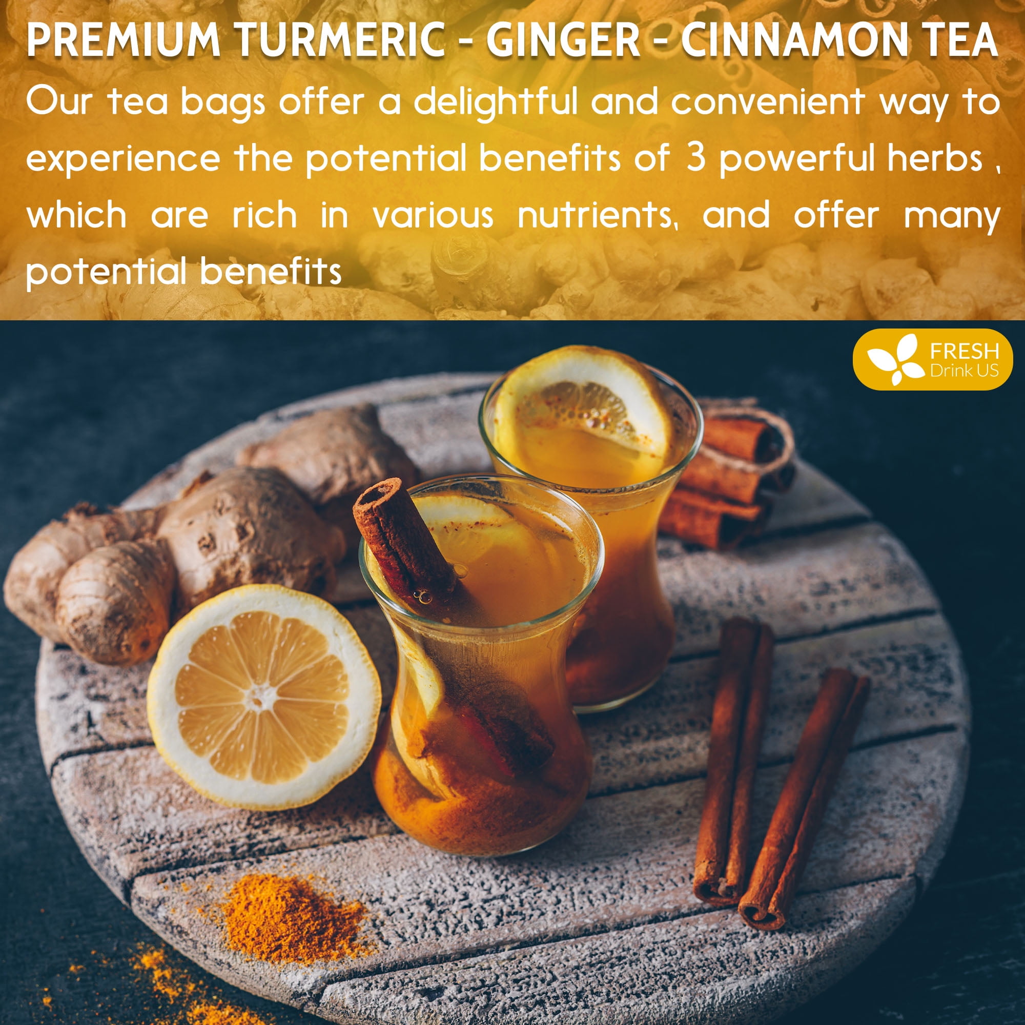 Special 120 Tea Bags Turmeric Ginger Cinnamon, 100% Natural, Hand-made Blend of Turmeric, Ginger, and Cinnamon. Eco-conscious Tea Bags. Herbal Tea, No Sugar, No Caffeine, No Gluten, Vegan.