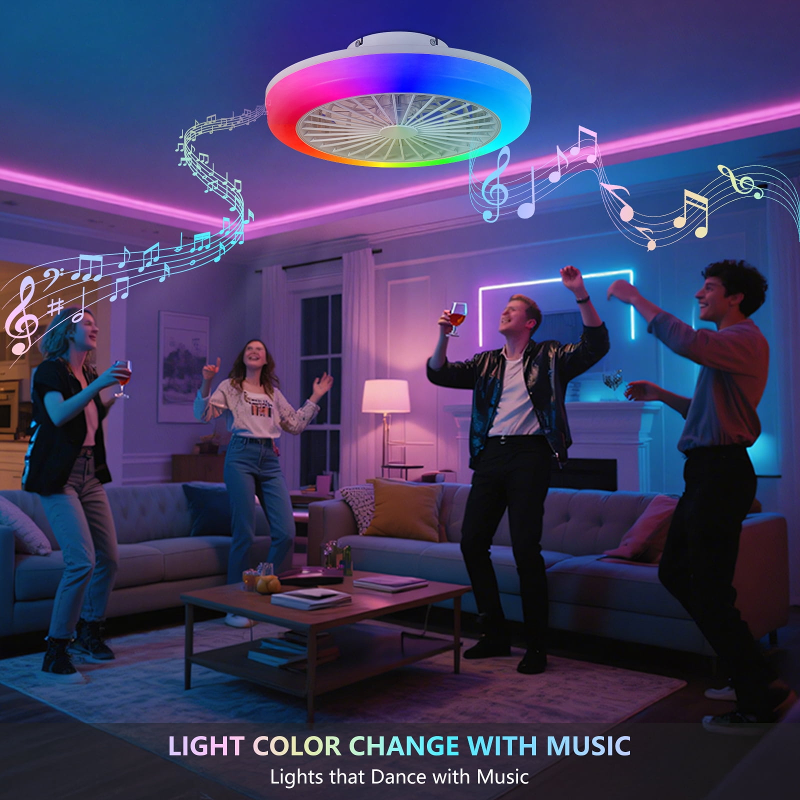 Miniyam 18" Ceiling Fan with Light, RGB Smart LED Fandelier with Remote/App Control, Low Profile Dimmable, 3 CCTS, 6 Speed, White