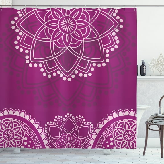Ethnic Shower Curtain, Eastern Henna Design Flourishing Floral Motifs with Dots, Fabric Bathroom Set with Hooks, 69W X 84L Inches Extra Long, Dark Magenta Eggplant and Pale Mauve, by Ambesonne