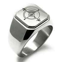 Stainless Steel Sacred Geometric Compass Engraved Square Flat Top Biker Style Polished Signet Ring