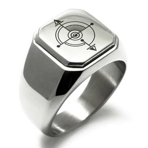 Stainless Steel Sacred Geometric Compass Engraved Square Flat Top Biker Style Polished Signet Ring