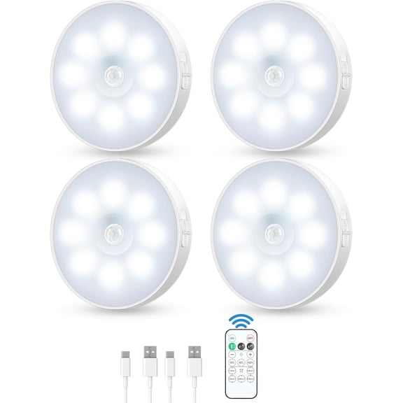 Motion Sensor Puck Light with Remote,  Dimmable Under Cabinet Lights,   Closet Light,   Night Light, 4-