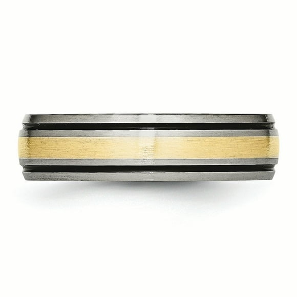 Titanium Grooved 14k Yellow Inlay 6mm Brushed and Antiqued Band Size 8