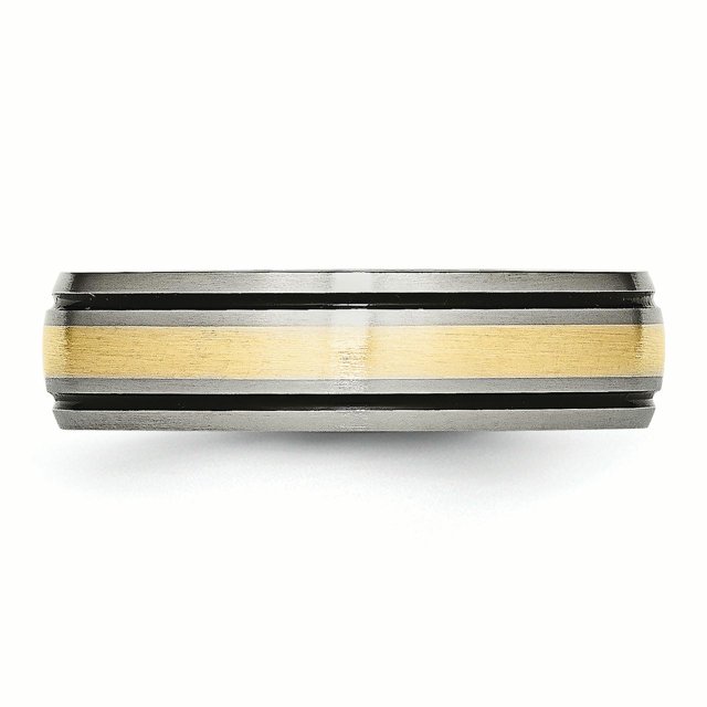 Incrustation de Titane Rainurée 14k Jaune Bande Brossée et Antique Taille 8