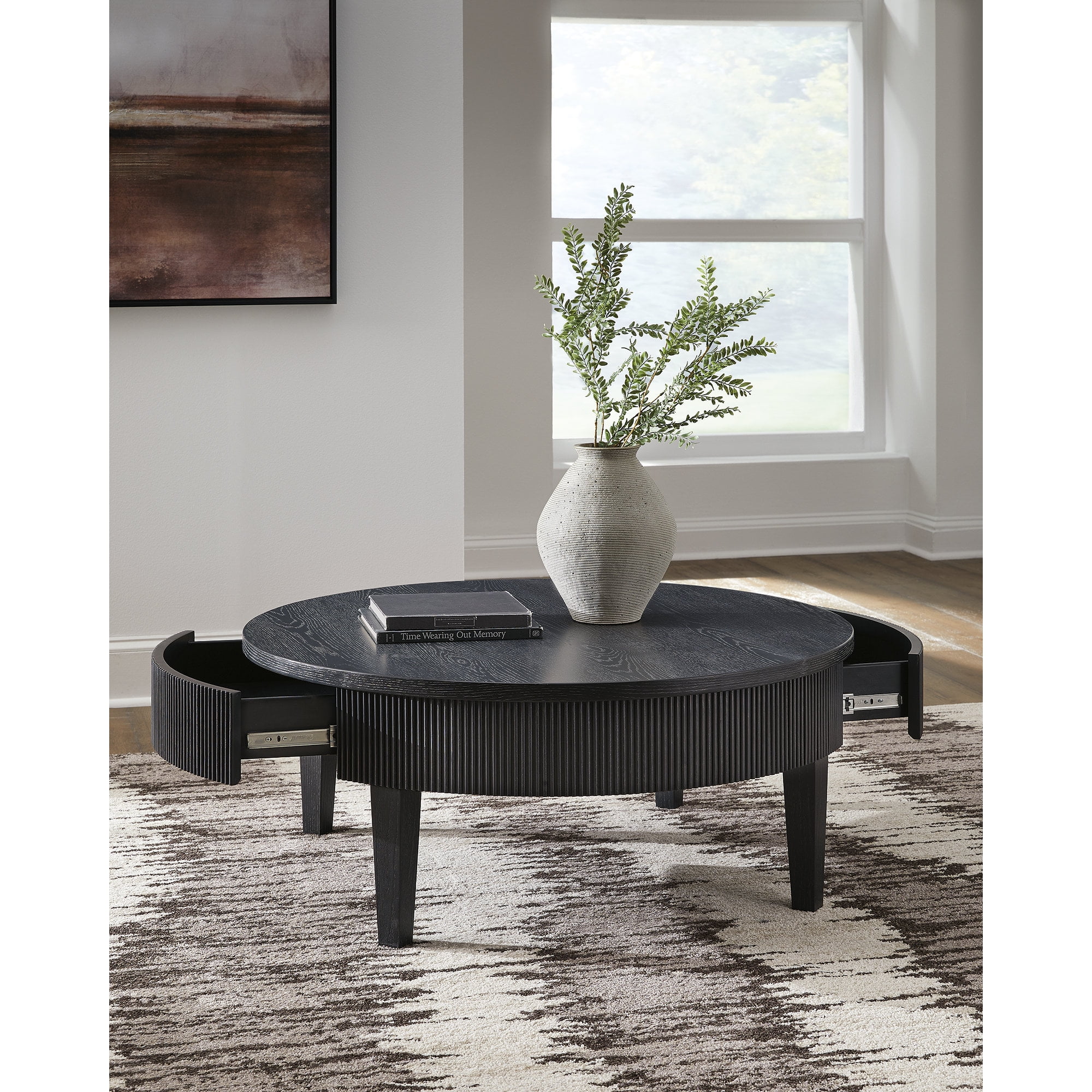Signature Design by Ashley Marstream Round Coffee Table with Storage Drawers, Modern Farmhouse, Black