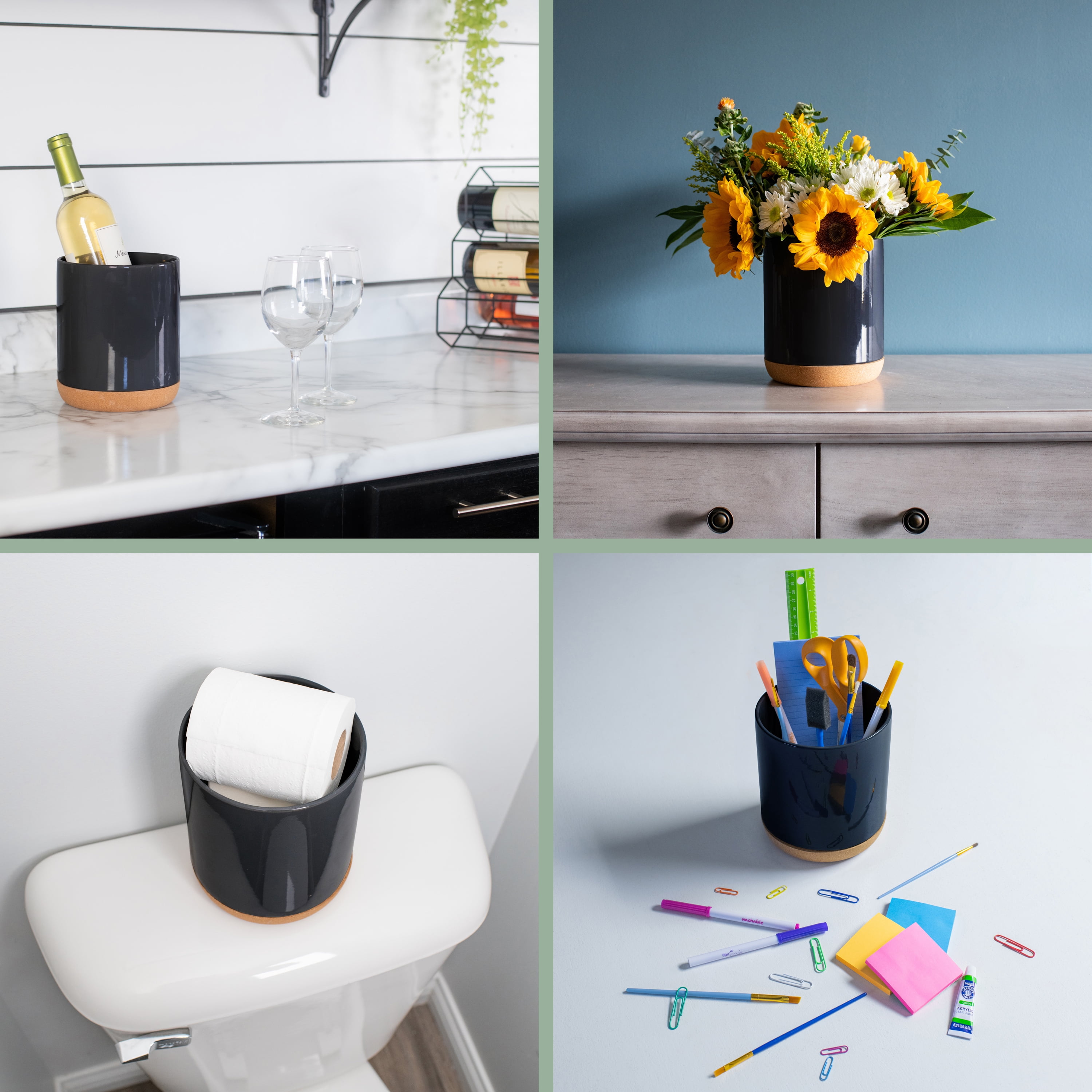 Glossy X-Large Ceramic Stoneware Cork Bottom Kitchen Utensil Holder, Black