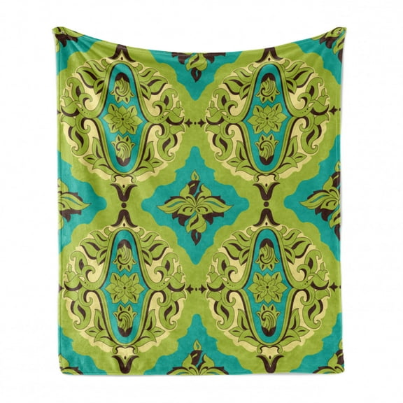 Damask Soft Flannel Fleece Throw Blanket, Floral Motifs with Baroque Influences Classic Ornament, Cozy Plush for Indoor and Outdoor Use, 60" x 80", Yellow Green Turquoise, by Ambesonne