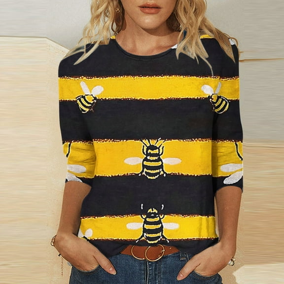 LYEAA Women 3/4 Sleeve Festival Tops Round Neck Bee Pattern Casual Blouse Soft Cotton Blend Comfortable Fit Summer Outfit Yellow L