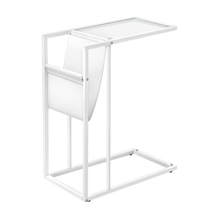 C-Shaped Accent Table, Modern White Metal & Glass, Sofa Side Table, End Table, Magazine Holder