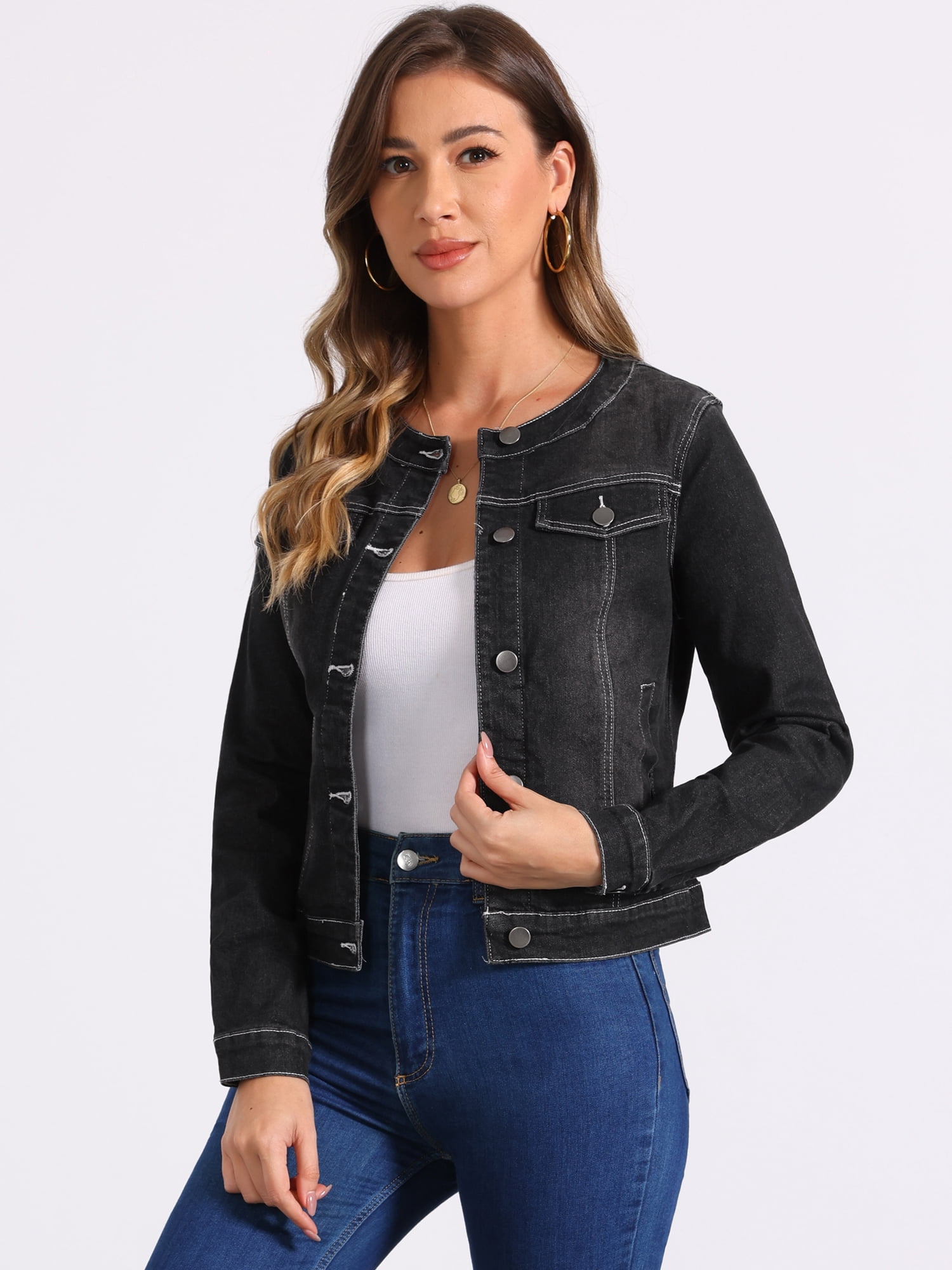 DARING DIVA Women's Button Down Collarless Cropped Denim Jacket L Black