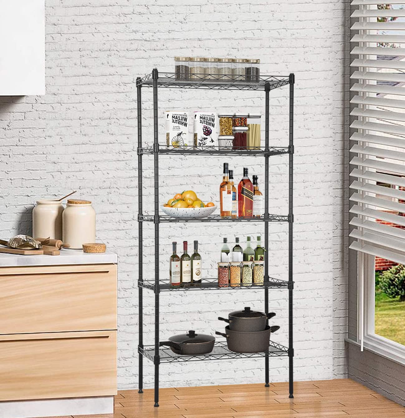 5-Tier Shelving Unit Adjustable Metal Shelves 48" H Storage Rack Wire Shelf for Pantry Kitchen Closet Organization Space Saving, 750LB Capacity, 21.5D x 11.6W x 47.6H, Black