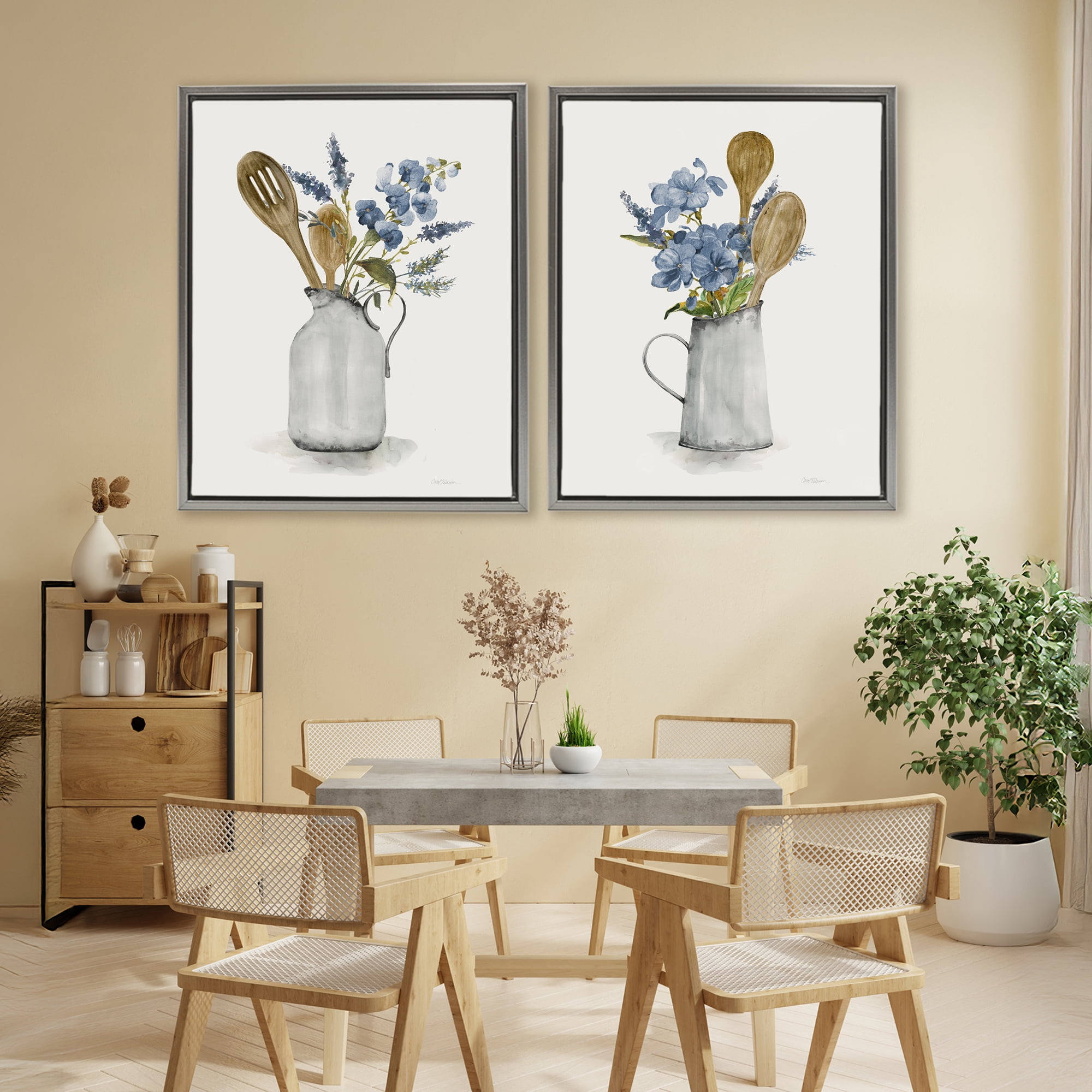 Stupell Industries Kitchen Pitcher Bouquets 2 Piece Gray Framed Floater Canvas Set, design by Carol Robinson