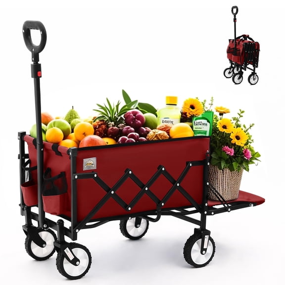 Colegence Folding Wagon Cart with Wheels and Tailgate, 330 lbs 120 l Capacity, Adjustable Handle, Portable Collapsible Utility Wagon Cart for Groceries, Outdoor Camping, Shopping, Garden (Red) C99