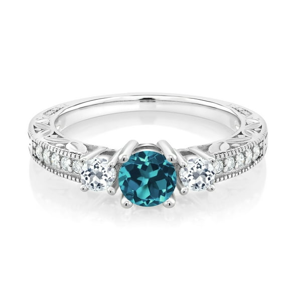 Gem Stone King 925 Sterling Silver London Blue Topaz and White Topaz Women Engagement Ring (1.11 Ct Round, Size 5)