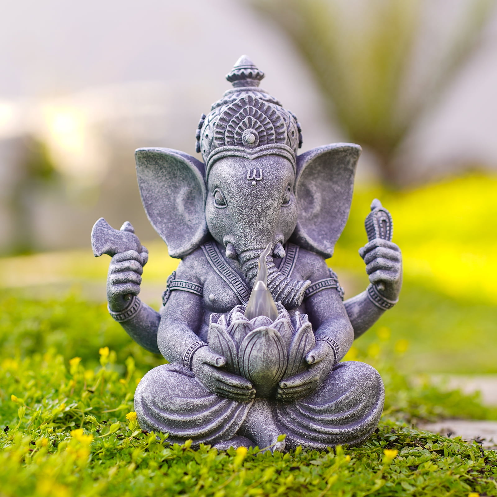 Solar Ganesha Elephant Garden Statues -Outdoor Sculptures with Lotus Lights Decor for Garden Yard Art