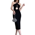 thumbnail image 1 of Faithtur Femmes Modifié Cheongsam Robe Longue Couleur Unie Floral Décoration Licou Cou Épaule Coupe Robe, 1 of 5