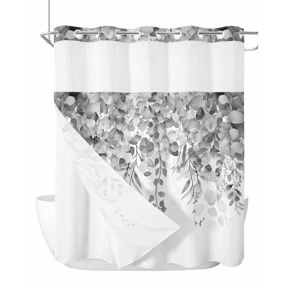 No Hook Shower Curtain with Snap-in Liner, Grey Botanical Waterproof Fabric Bathroom Curtains, Weeping Eucalyptus Leaves Watercolor Bath Curtains & Mesh Top Window Stand Up Stall 66"x72"