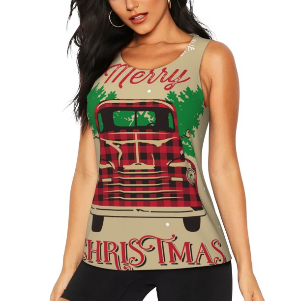 Fotbe Christmas Vintage Red Truck Blusas Sin Mangas para Mujer – Estilo Casual, Corte Suelto, Slim-Fit, Cuello Redondo Deportivo, Tops de Verano para Gimnasio y Yoga-XX-Large