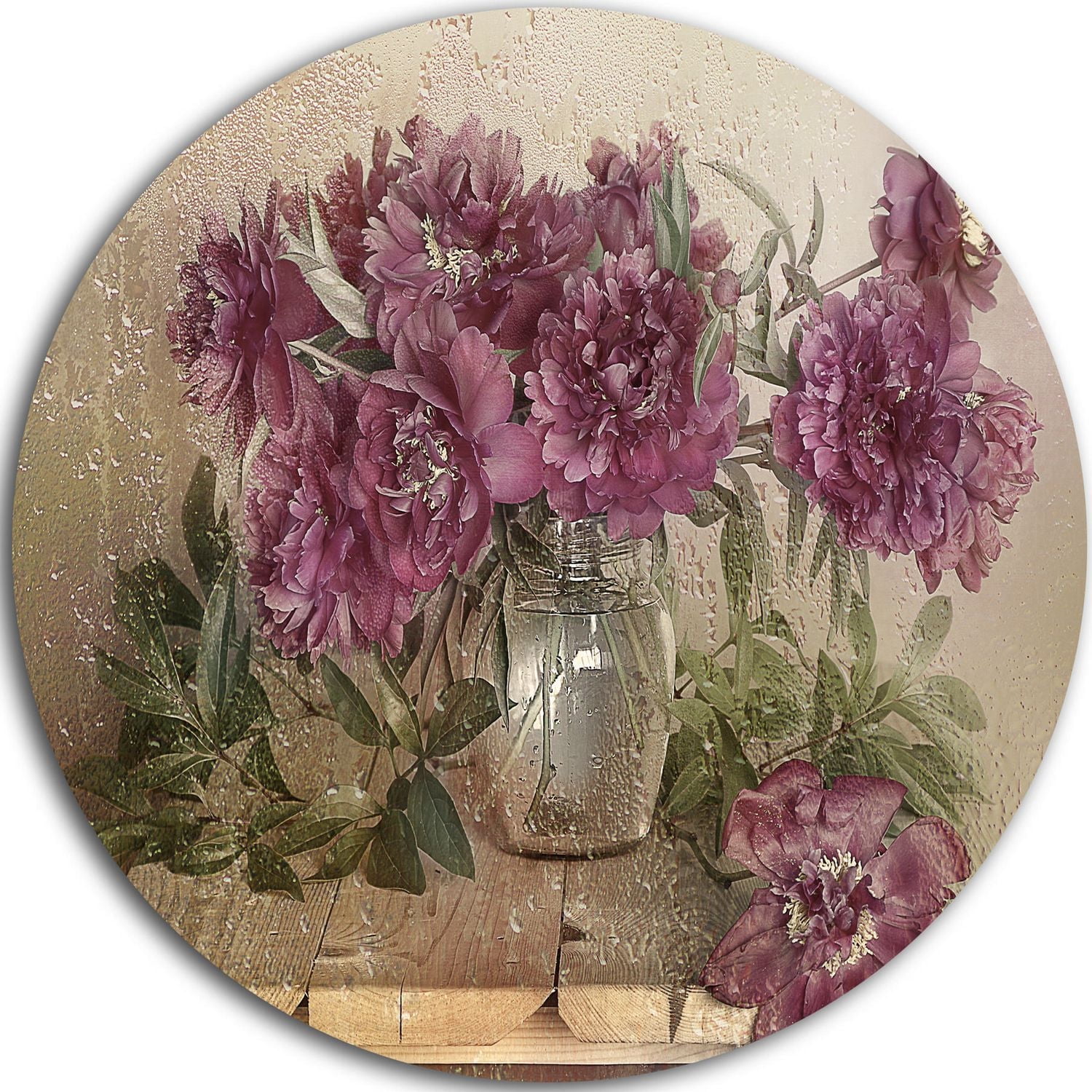 Art mural en métal Design Art Bouquet de pivoines roses ultra brillant en cercle