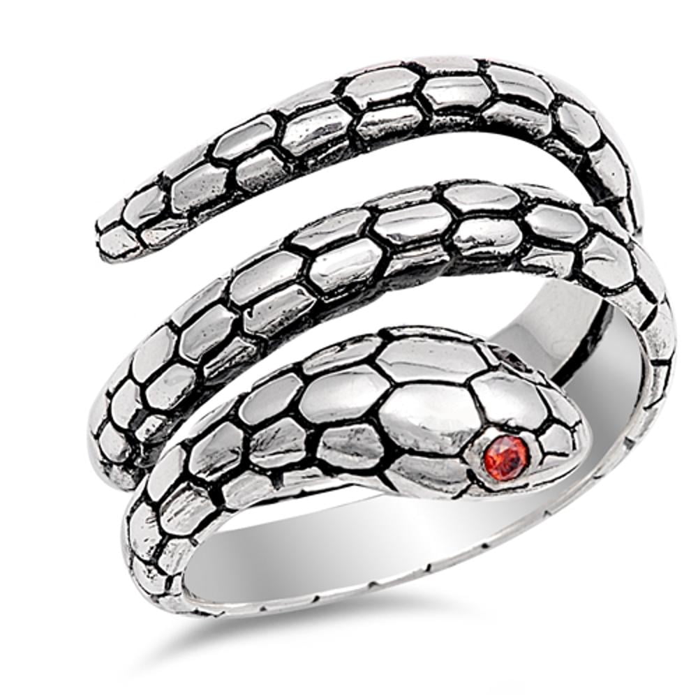 Jade Angel Snake Ring - Sterling Silver Band With Simulated Garnet Eyes & Scale Design, Black Rhodium Plated - View #10