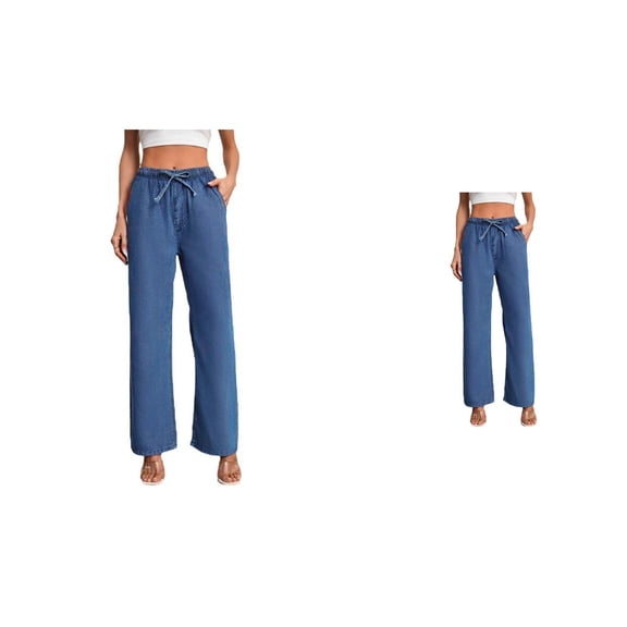 Womens High Waist Loose Wide Leg Jeans with Elastic Waistband, Soft Stretch Denim Casual Pants with Pockets