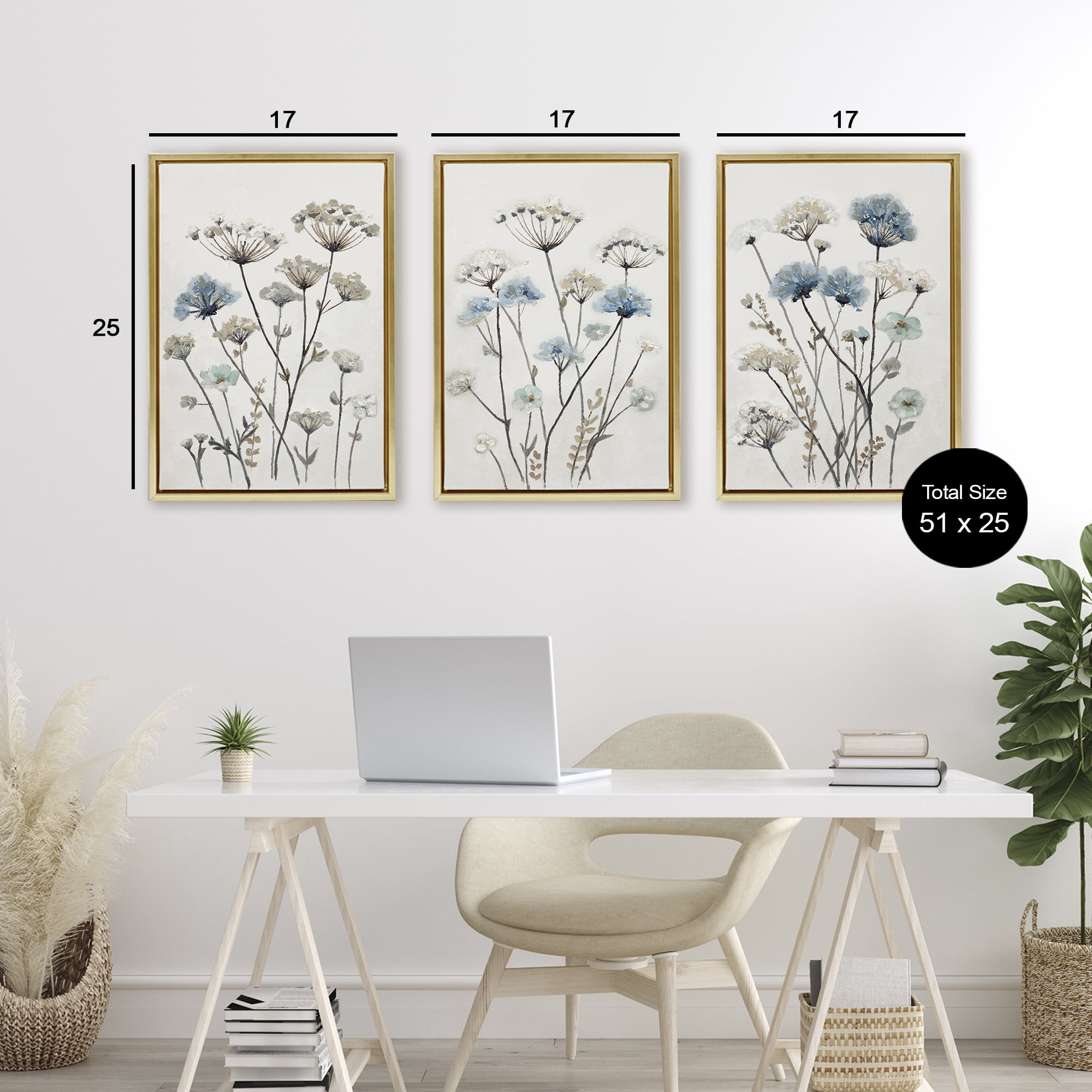 Stupell Industries Neutral & Blue Garden 3 Piece Gold Framed Floater Canvas Set, design by Patricia Pinto