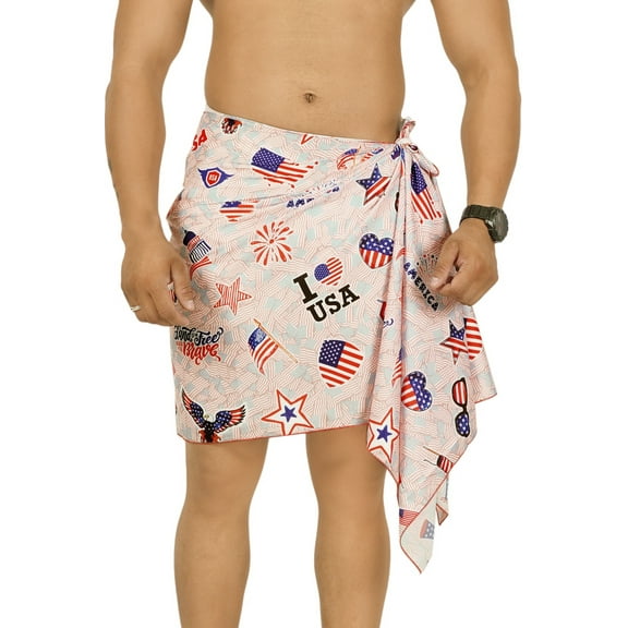 HAPPY BAY Men's Patriotic 4th of July American USA Flag Swimwear Summer Sarong Swim Trunk Long Pareo Beach Wrap One Size Stripes, Red Vacation